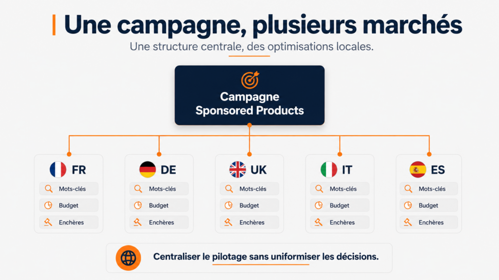 Schéma d'une campagne Amazon Ads international multi-pays